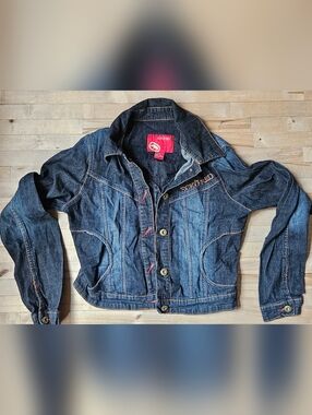 L, Cropped Trucker Denim Jacket, vintage Y2K, Ecko Red, Dark Blue, Red Stitching